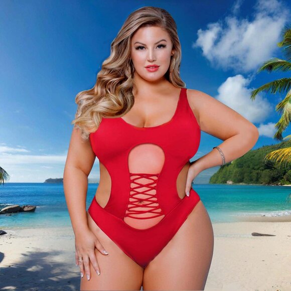 Plus 1Pc Swimsuit Womens Size 1x 2x 3x 4x Red One Piece High Leg Swimwear - Picture 6 of 8